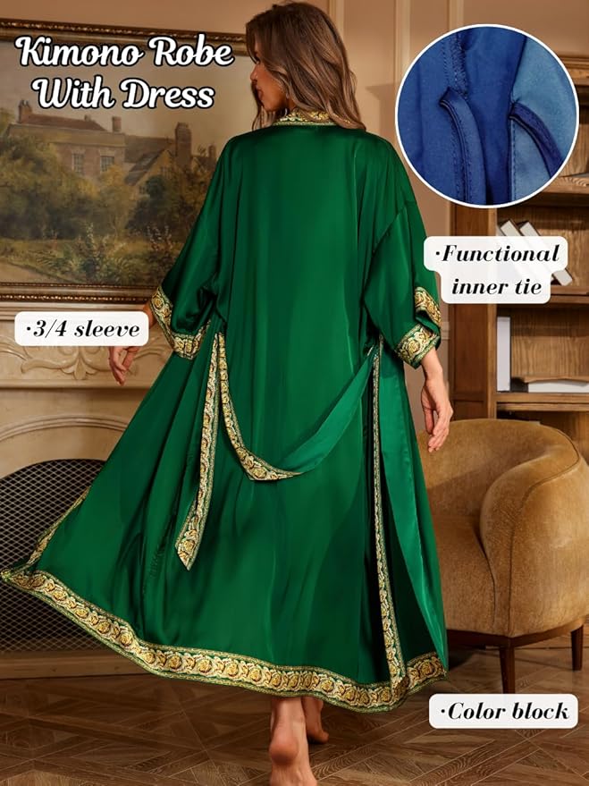 ChiaoLezhee Satin Robe Sets For Women, 2-PC Lightweight Bathrobe, Silk Sleepwear Kimono Bridesmaid Sexy Robes