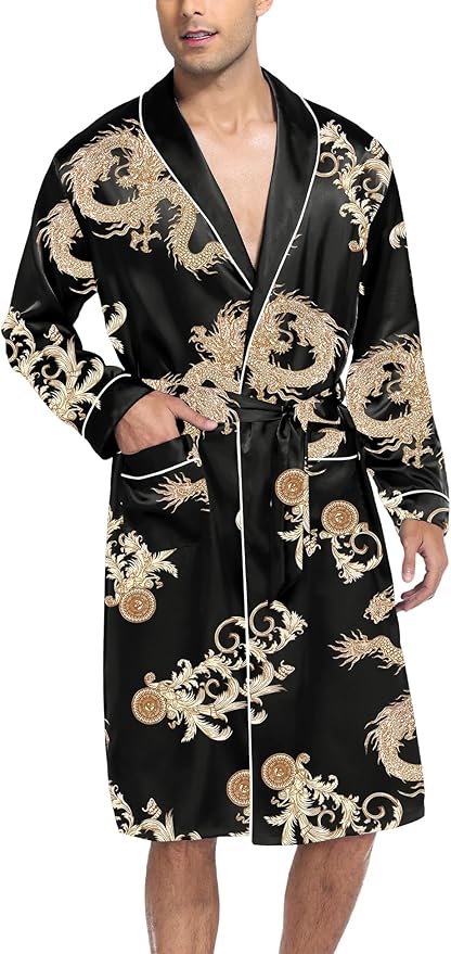 SWOMOG Men's Satin Robe Silky Kimono Bathrobe with Shorts Set Lightweight Soft Loungewear Nightwear