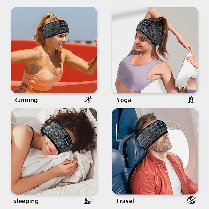 Adjustable Headband Headphones, Sleeping Headphones with Ultra-Thin Speakers, Bluetooth Headband for Side Sleepers, Yoga, Running, Workout, Travel-Grey