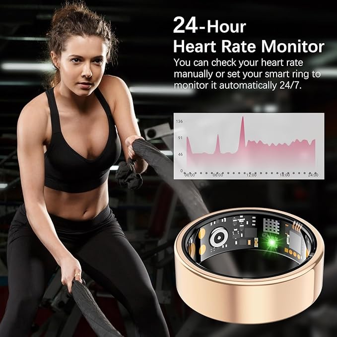 Ring Health Tracker for Women Men, Fitness Ring with Heart Rate,Blood Oxygen,Sleep Monitor,Calories, Step Counter, IP68 Waterproof Smart Ring for iPhone & Android, No Subscription Fee (Rose Gold, 10#)