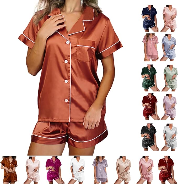 WJing Yi Jia Womens Silk Satin Pajamas Loungewear Two-Piece Sleepwear Button-Down Floral Pj Set XS-4XL