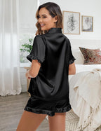 Satin Pajamas Set For Women 2Pcs Ruffled Silk Pj Button Down Pajama Sleepwear Loungewear Summer Nightwear