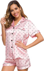 SWOMOG Womens Silk Satin Pajamas Set Short Sleeve Sleepwear Button Down Top and Shorts Loungewear 2 Piece Pjs Set XS-3XL