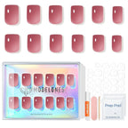 Modelones Rose Red Press on Nails, Spring Short Square Fake Nails, Semi-Transparent Reusable Nail Kit with Nail Glue Adhesive Tabs Mini Nail File, Nails Press Ons 32Pcs16 Sizes, Women Girl Gift