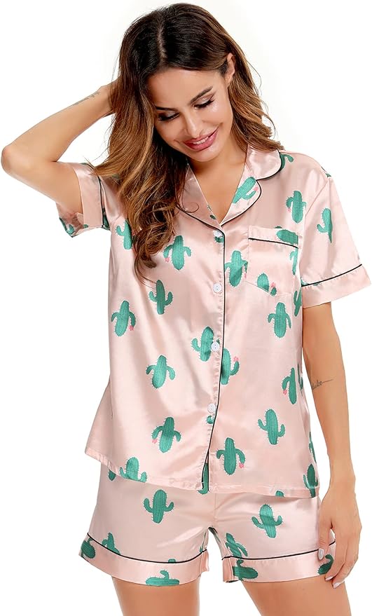 SWOMOG Womens Silk Satin Pajamas Set Short Sleeve Sleepwear Button Down Top and Shorts Loungewear 2 Piece Pjs Set XS-3XL