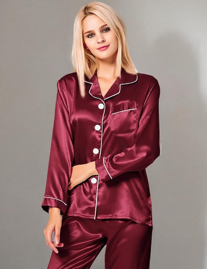 SWOMOG Womens Silk Satin Pajamas Set Long Sleeve Button Down Sleepwear 2 Piece Lounge Set Pj Set XS-3XL