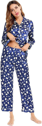 SWOMOG Womens Silk Satin Pajamas Set Long Sleeve Button Down Sleepwear 2 Piece Lounge Set Pj Set XS-3XL