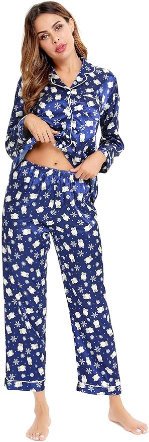 SWOMOG Womens Silk Satin Pajamas Set Long Sleeve Button Down Sleepwear 2 Piece Lounge Set Pj Set XS-3XL