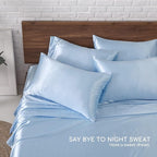 MR&HM Satin Bed Sheets, Queen Size Sheets Set, 6 Pcs Silky Bedding Set with 15 Inches Deep Pocket for Mattress (Queen, Light Blue)