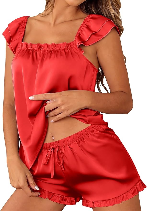 Satin Pajama Set for Women 2 Piece Silk Pjs Ruffle Sleeve Top and Shorts Cute Bridal Sleepwear Set S-XXL