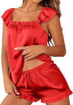 Satin Pajama Set for Women 2 Piece Silk Pjs Ruffle Sleeve Top and Shorts Cute Bridal Sleepwear Set S-XXL
