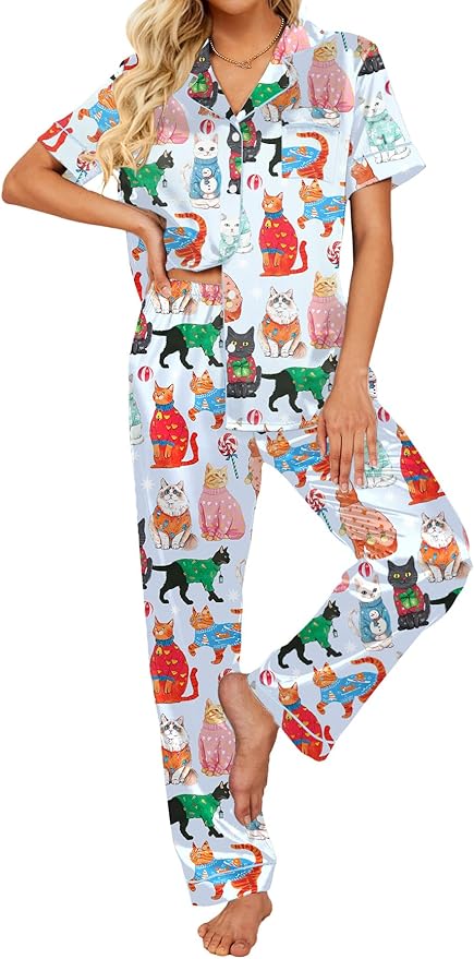 Ekouaer Silk Satin Pajamas Set Women Short Sleeve Sleepwear Soft Button Down Loungewear Pjs Set