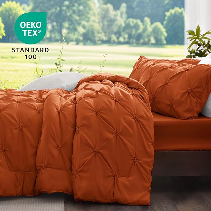 BEDELITE Burnt Orange Twin Comforter Set - 2 Peices Boho Pintuck Bedding Comforter Sets, Lightweight Soft & Warm Twin Bedding Sets with 1 Pillowcase for All Season