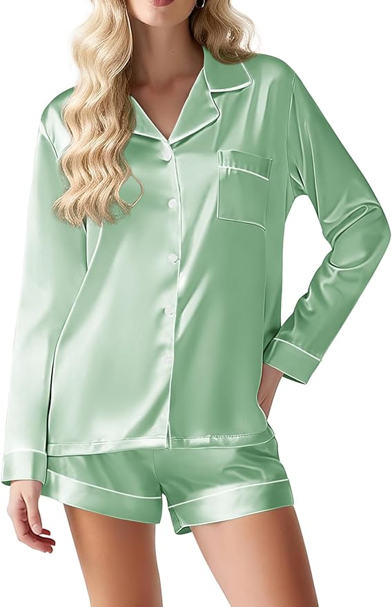 Ekouaer Satin Pajama Set for Women Button Down Pj Set Long Sleeve Top and Shorts 2 Piece Loungewear Summer Soft Sleepwear