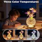 Flower Table Lamp, Orchid Flower with Crystal Vase Lamp, Cordless Touch Desk Light, 3 Colors Dimming & Rechargeable, Small Night Light for Bedroom Home, Romantic Gifts for Girl Women (Purple)