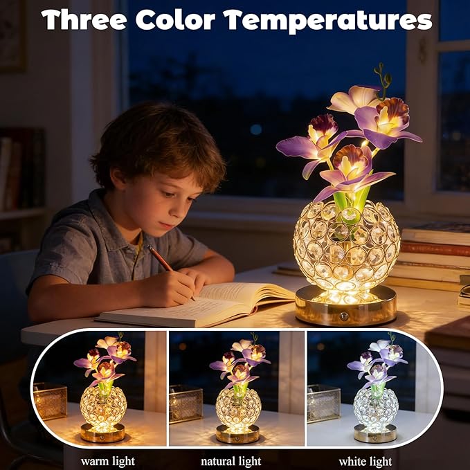 Flower Table Lamp, Orchid Flower with Crystal Vase Lamp, Cordless Touch Desk Light, 3 Colors Dimming & Rechargeable, Small Night Light for Bedroom Home, Romantic Gifts for Girl Women (Purple)
