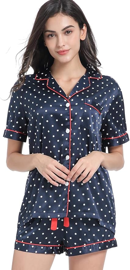Serenedelicacy Women's Satin Pajama Set 2-Piece Sleepwear Loungewear Button Down Short Sleeve Silky PJ Set