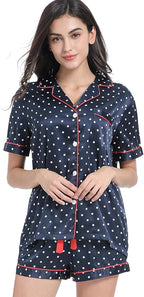 Serenedelicacy Women's Satin Pajama Set 2-Piece Sleepwear Loungewear Button Down Short Sleeve Silky PJ Set