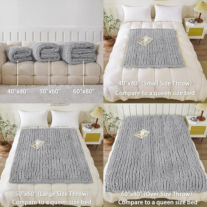 WESHIONGOO Chunky Knit Blanket Throw 51"×63" Knitted Throw Blankets for Couch Bed Fluffy Soft Blanket with Jumbo Chenille Yarn Thick 100% Handmade (Lingt Grey)