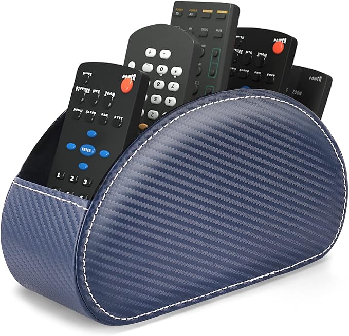 QIELIZI Remote Control Holder, PU Leather Remote Caddy Desktop Organizer with 5 Spacious Compartments for TV Remotes/Media Controllers/Office Supplies (1-Carbon Blue