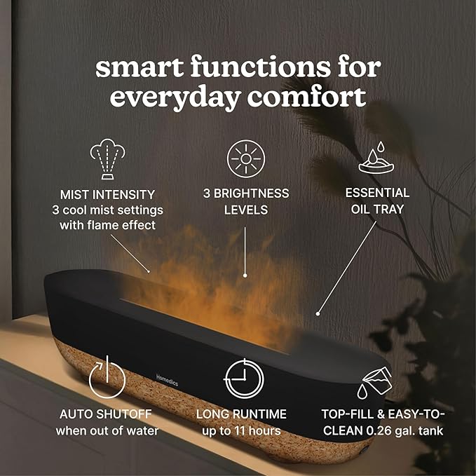 Homedics Fireside Ultrasonic Humidifier, Medium Sized Rooms, Visible Flame-Effect Cool Mist, 0.26-Gal Top-Fill Tank, Dry Air Relief at Home, Breathe & Sleep Better, Aromatherapy