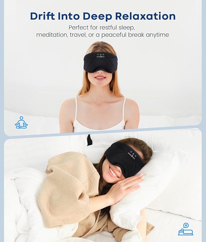MUSICOZY Bluetooth Sleep Mask Headphones 5.4, Wireless Over-Ear Headphones Washable Zipper Sleep Headphones Mask with HD Stereo Speakers for Side Sleepers Travel & Relaxation, Gifts for Men Women