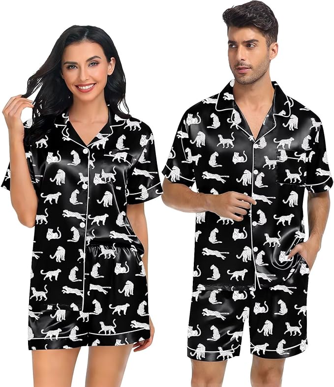 SWOMOG Satin Matching Pajamas Sets Couple Silk Button Down Nightwear Women & Men Short Sleeve Sleepwear 2 Pieces Loungewear