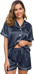 SWOMOG Womens Silk Satin Pajamas Set Short Sleeve Sleepwear Button Down Top and Shorts Loungewear 2 Piece Pjs Set XS-3XL