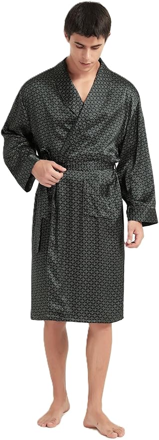 Men's 100% Mulberry Silk Long Robe Kimono Paisley Print Bath Robe, Heavy Silk 19 Momme Dressing Gown