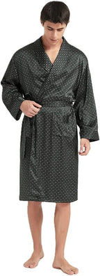 Men's 100% Mulberry Silk Long Robe Kimono Paisley Print Bath Robe, Heavy Silk 19 Momme Dressing Gown