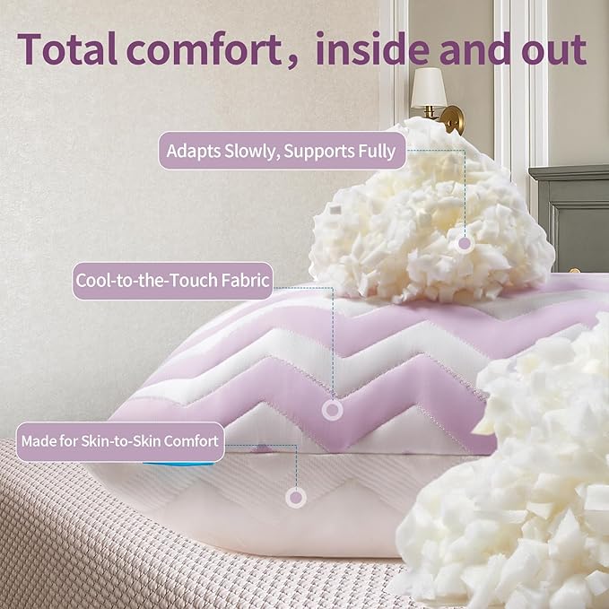 Dreamara Cooling Bed Pillows Queen Size Set of 2 – Adjustable Loft Shredded Memory Foam Pillows for Side, Back & Stomach Sleepers, Supportive & Breathable for Hot Sleepers (Mauve)