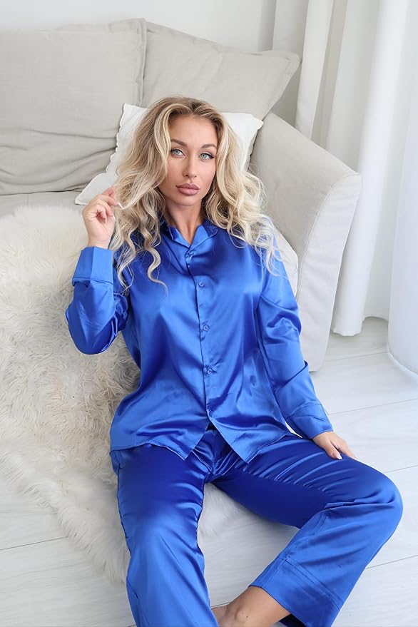 Ekouaer Women Satin Silk Pajamas Classic Long Sleeve Button Down Pjs Set Soft Loungewear