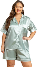 Vozanet Women's Short Sleeve Satin Pajama Sets Silky Ladies Button Down Loungewear Plus Size Nighty Shorts Sets XL to 5XL