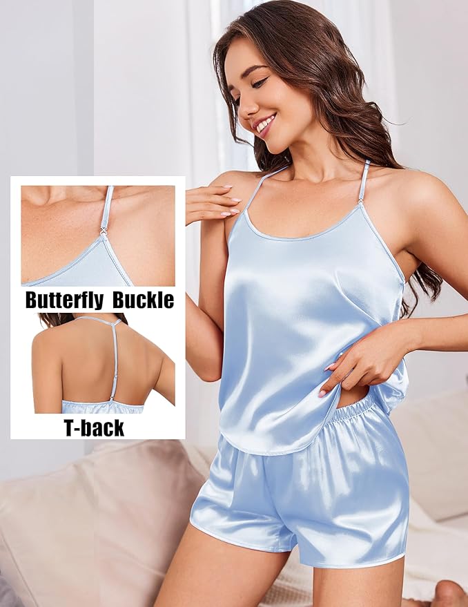 Ekouaer Silk Satin Pajamas Set for Women T-back Lingerie Pjs Cami Top and Shorts Sleepwear Gift for Honeymoon Party