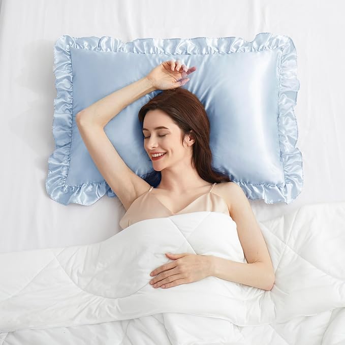 Silky Satin Ruffled Pillow Cases for Hair and Skin,Light Blue Silk Pillowcases King Set of 2 with Envelope Closure Princess Room