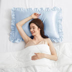 Light Blue Satin Ruffled Pillow Cases for Hair and Skin,Light Blue Silk Pillowcases Standard Set of 2 with Envelope Closure Princess Room Decoration