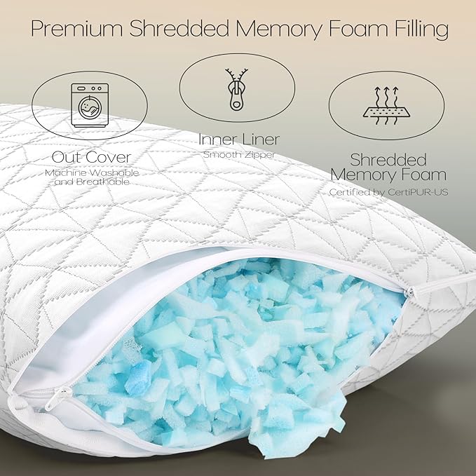 CushyOasis Shredded Memory Foam Pillows, Bed Pillows for Sleeping, King Size Pillows, Cooling Pillow, Stomach and Back Sleepers with Removable Washable Pillowcase (King*1)