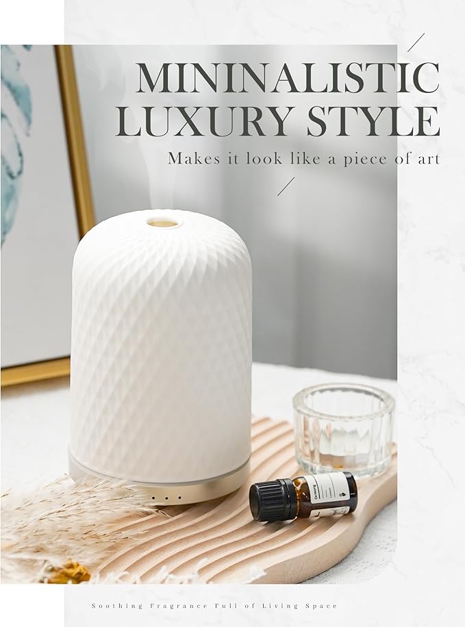 Onaboviva Essential Oil Diffuser - 2.4MHz Ultrasonic Ceramic Diffuser for Home, 110ml, 1/2/3H Mist Timer, Silent (≤25dB), Waterless Auto-Off, Aromatherapy Diffuser with USB Cable