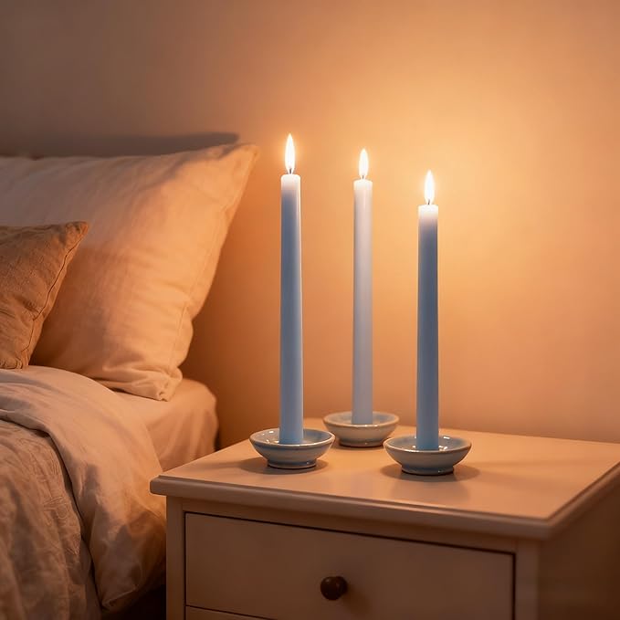 12-Pack Ice Blue Taper Candles, 10 Inch Unscented Dripless Candlesticks, Long-Lasting Burn Time of 7-8 Hours, Perfect for Home Décor Weddings Babyshower and Events