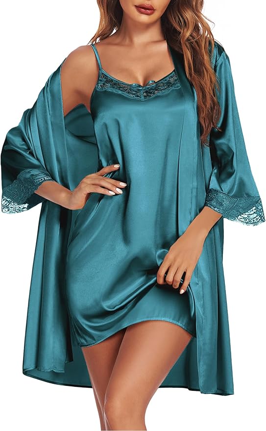 Ekouaer Sleepwear Women's Satin Nightgown with Robes Set 2 Piece Sexy Lace Cami Nightwear