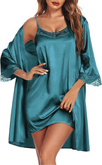 Ekouaer Sleepwear Women's Satin Nightgown with Robes Set 2 Piece Sexy Lace Cami Nightwear