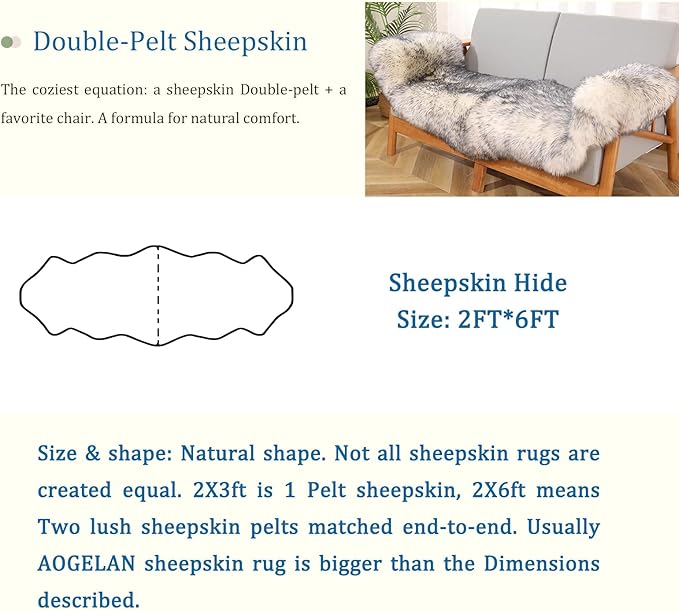 Genuine Sheepskin Rug with Little Patches-Real Wool Throw Carpet Pad for Bedroom Floor Living Room Sofa Fur(Wolf Tipped, 2FT×6FT Patchwork)