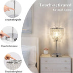 Touch Control Crystal Table Lamp with USB C+A Charging Ports, 3-Way Dimmable Bedside Touch Lamp Decorative Nightstand Lamp with Elegant Lampshade for Living Room Bedroom, B11 LED Bulb Included