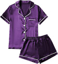 LYANER Women's Silky Satin Pajamas Set Short Sleeve Button Down Shirt With Shorts Pjs Set Sleepwear