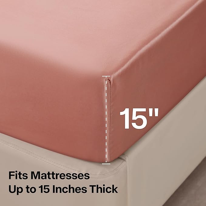 BEDELITE Satin Sheets Full Size Bed Set, Luxury Soft Rose Pink Silky Sheets for Hair and Skin, Similar to Silk Bed Sheets Set 4 Pieces with 1 Deep Pocket Fitted Sheet, 1 Flat Sheet, and 2 Pillowcases
