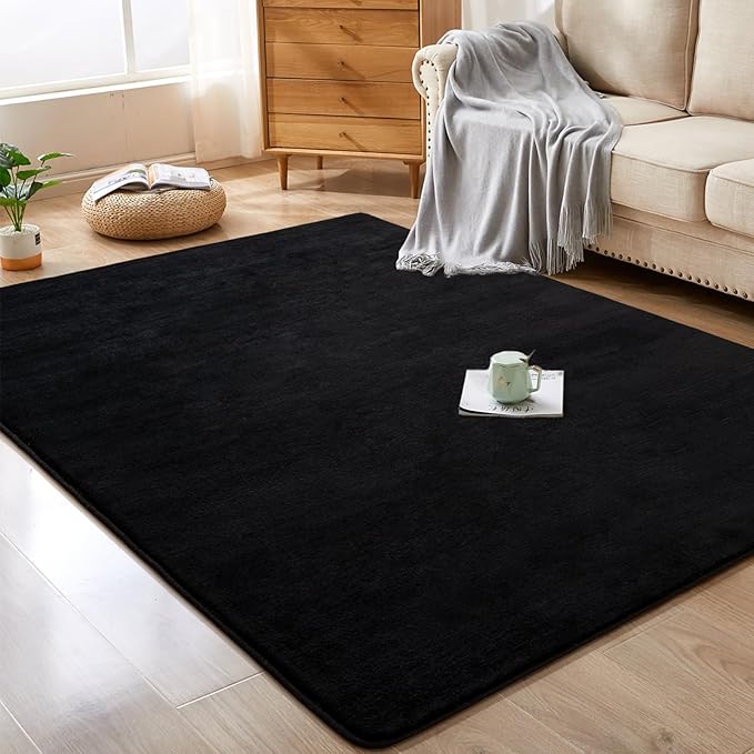 Softlife 4x6 Area Rug for Bedroom Living Room, Solid Black Non-Slip Fluffy Carpet with Soft Low Pile for Kids Boys Girls, Machine Washable Fuzzy Aethetic Rugs Home Dorm Decor