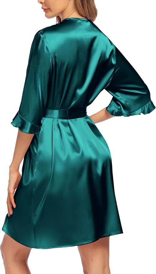Ekouaer Women's Satin Robe Valentines Lingerie for Women Kimono Bathrobe Short Ruffle Belted Robes Bridesmaids Sleepwear