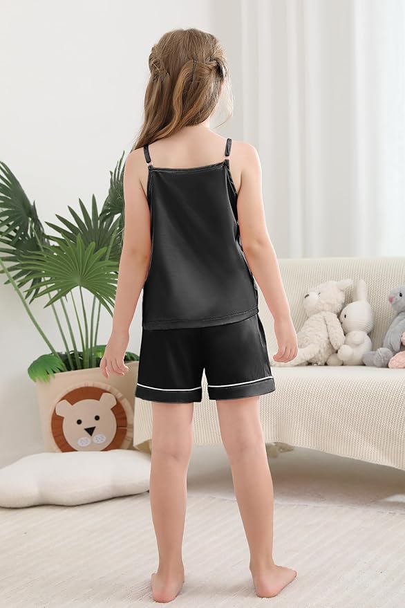 Weixinbuy Girls Pajamas Silk PJS Set Sleeveless Pajama Tank Elastic Waist Shorts Sleepwear Kids Summer Nightwear Clothes Set