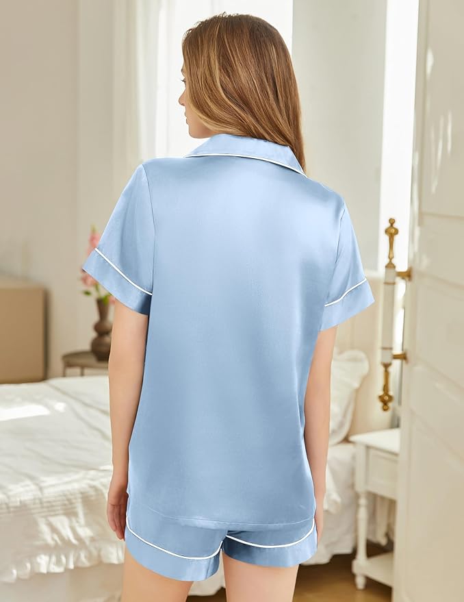 Silk Pajamas for Women Short Sleeve Sleepwear Soft Button Down Loungewear 2 Piece Satin Pjs Shorts Set S-XXL