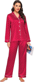 SWOMOG Womens Silk Satin Pajamas Set Long Sleeve Button Down Sleepwear 2 Piece Lounge Set Pj Set XS-3XL